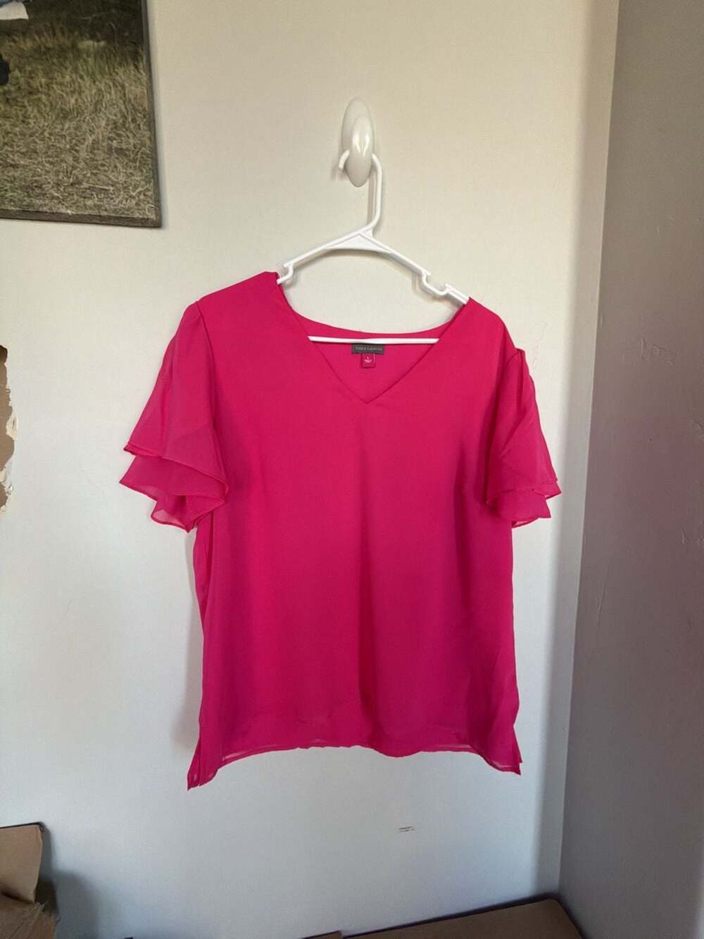 Vince Camuto Fuchsia V-Neck Ruffled‎ Flutter Sleeve Chiffon Blouse